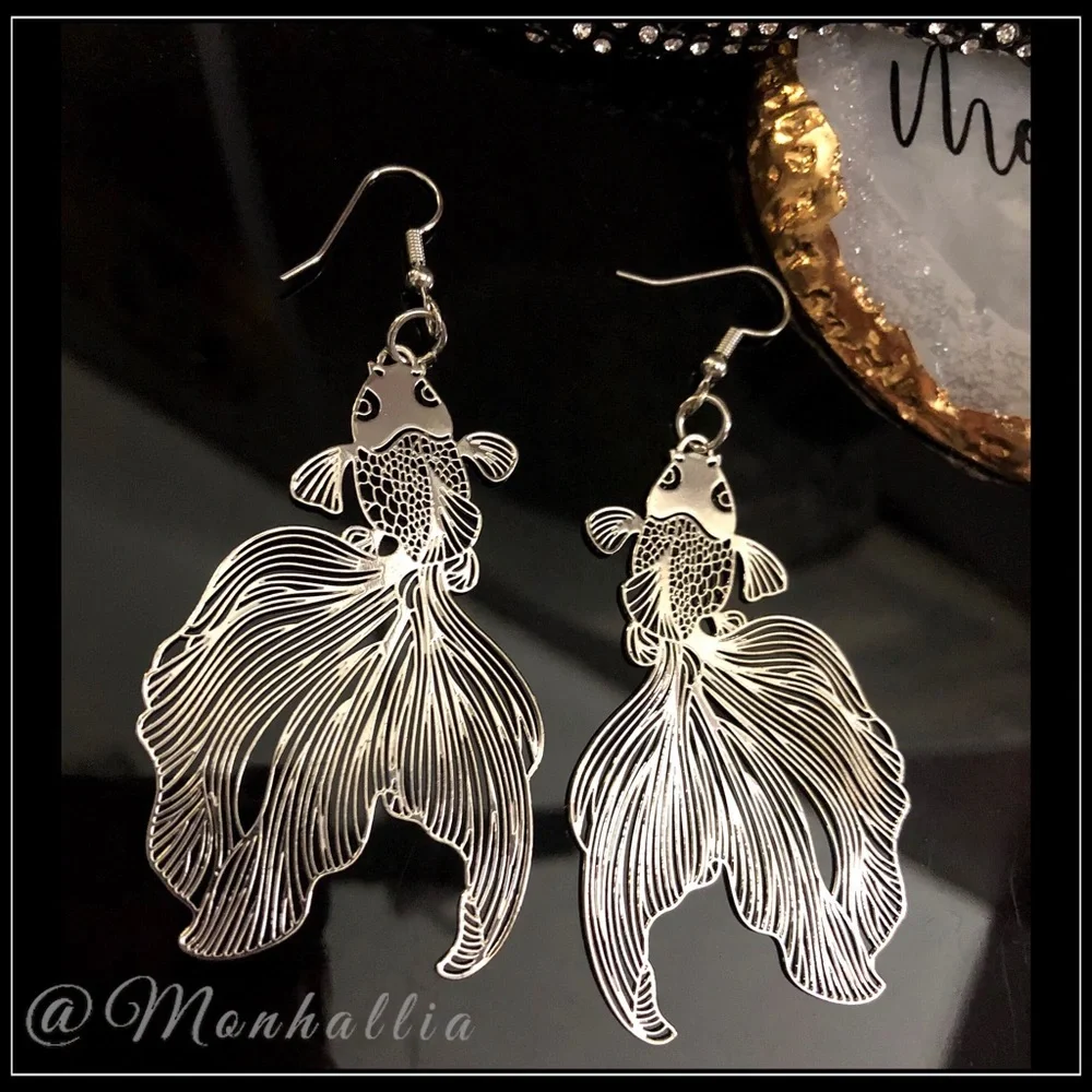 Clearance! New Steel laser chrome plate koi beta ocean fish astrology earrings